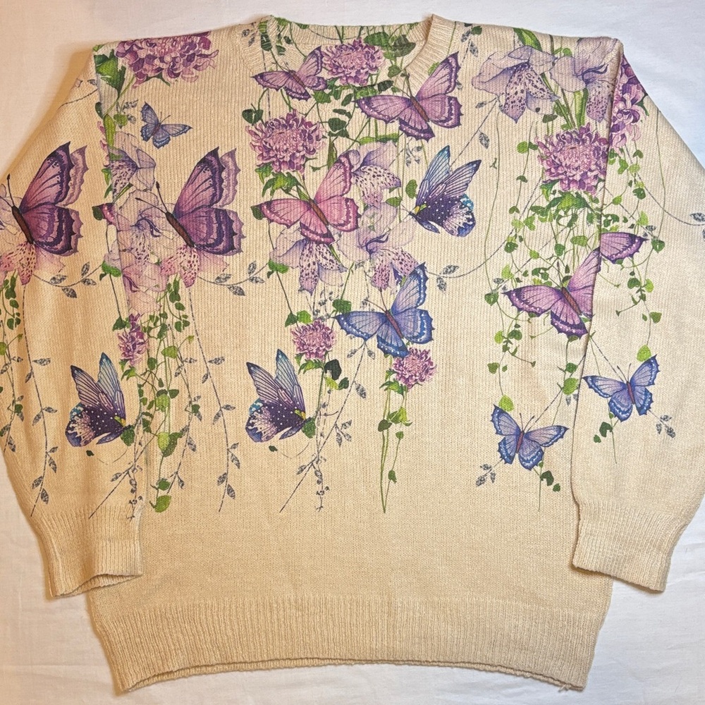 Whimsy Butterfly Flower Garden Fairy Print Knit Sweater - Size Medium
